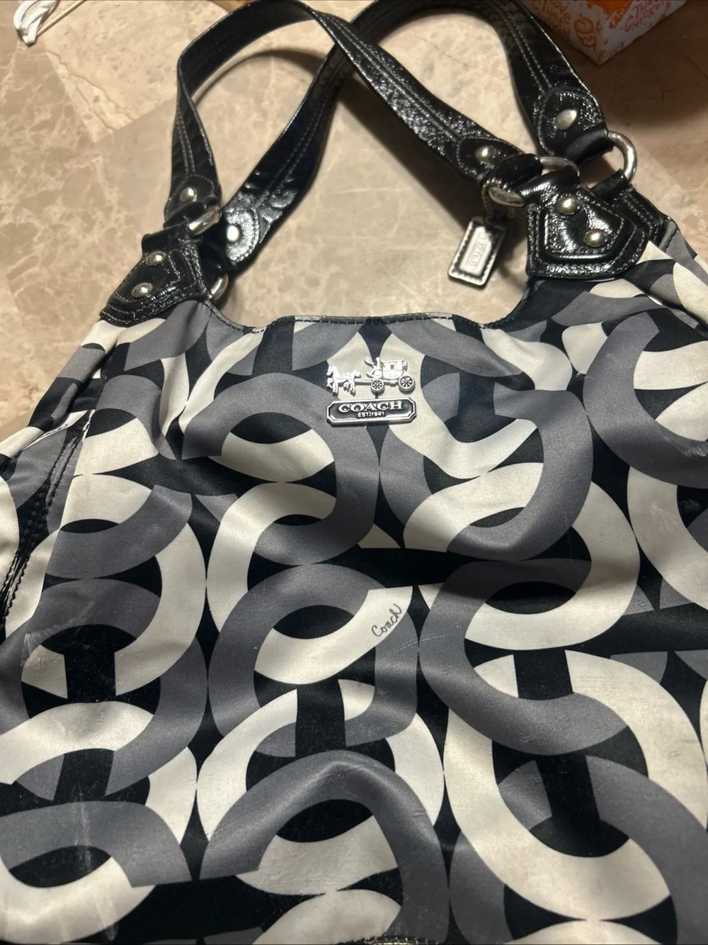 Coach Black, Gray & White Signature Link Hobo Bag
